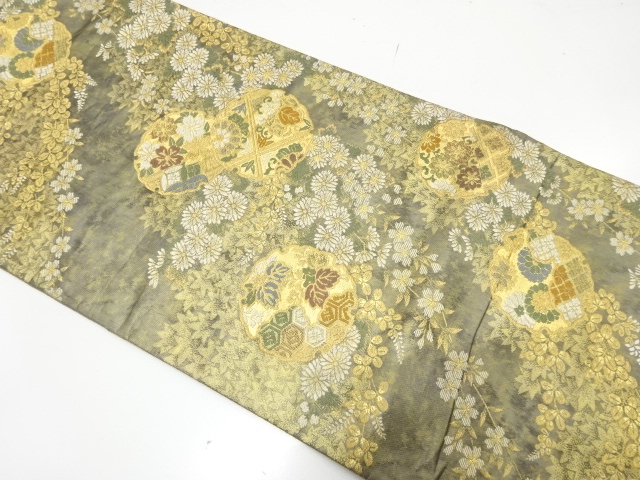 JAPANESE KIMONO / FUKURO OBI / SILK / WOVEN SNOWFLAKE & SAKURA & PAULOWNIA & KIKU